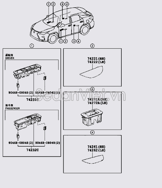 Nhựa ốp công tắc lên xuống kính cánh cửa 7426248030E0