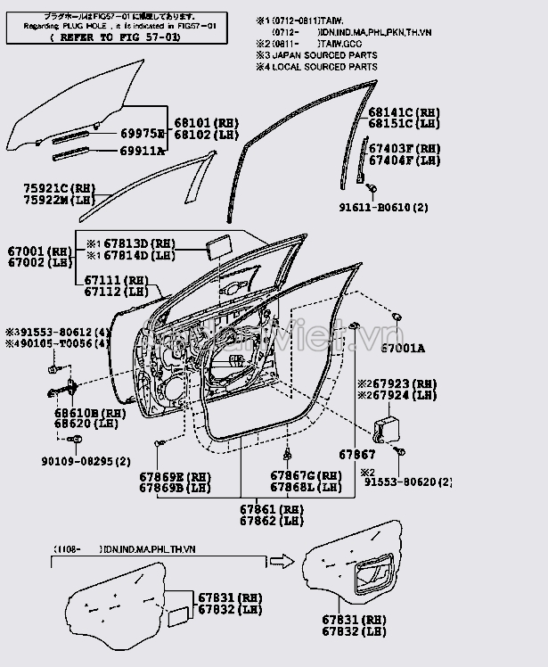 Kính cánh cửa trước Toyota Corolla Altis 2009-2010