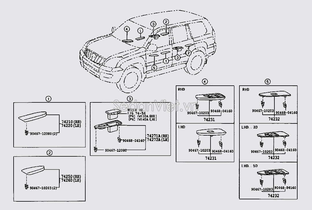 Nhựa ốp công tắc lên xuống kính Toyota Land Cruiser Prado 2004-2009